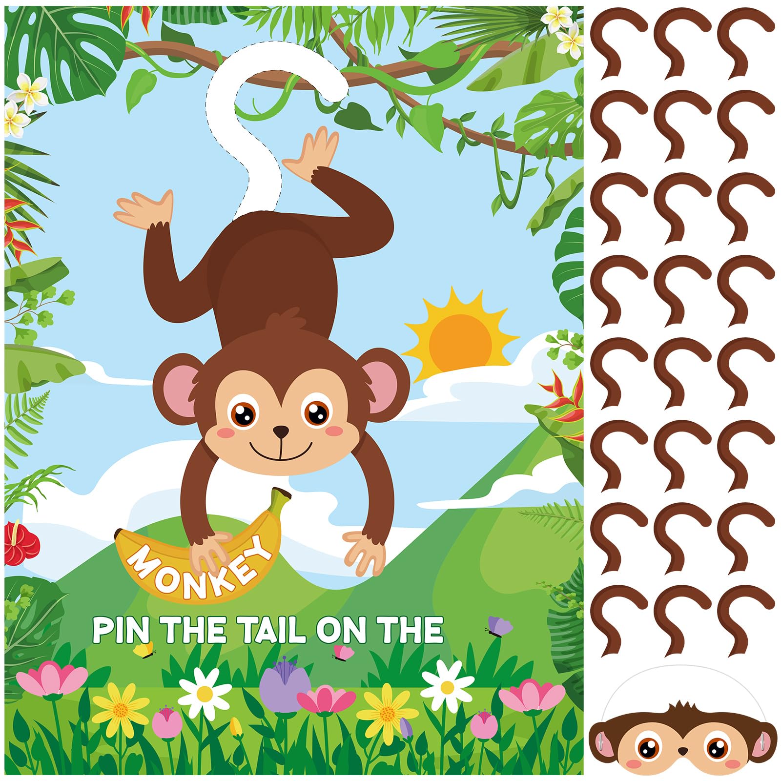 Photo 1 of Faccito Jungle Animal Games Pin The Tail on The Monkey Safari Animal Birthday Party Games with Monkey Poster 24 Pcs Tail Stickers and Blindfold for Safari Jungle Zoo Forest Party Decorations Supplies