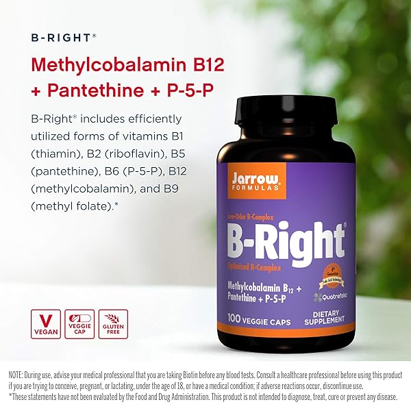 JARROW FORMULAS B-RIGHT – 100 VEGGIE CAPS – LOW-ODOR VITAMIN B-COMPLEX FORMULA – ENERGY & METABOLISM SUPPORT – PROMOTES BRAIN, HEART & CARDIOVASCULAR HEALTH – 100 SERVINGS