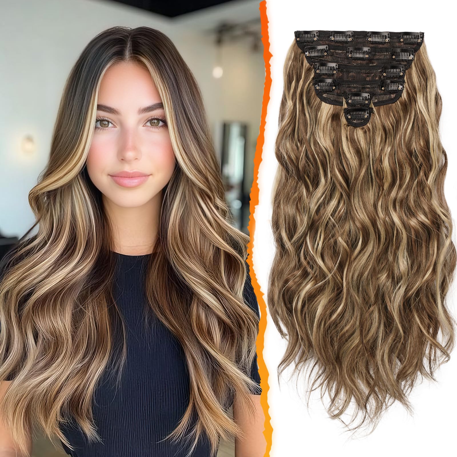 BARSDAR Clip in Hair Extensions, 20 Inch Long Wavy Highlight Hair Extensions Clip ins 6PCs Full Head Thick Synthetic Clip in Hairpieces for Women- Medium Brown & Blonde