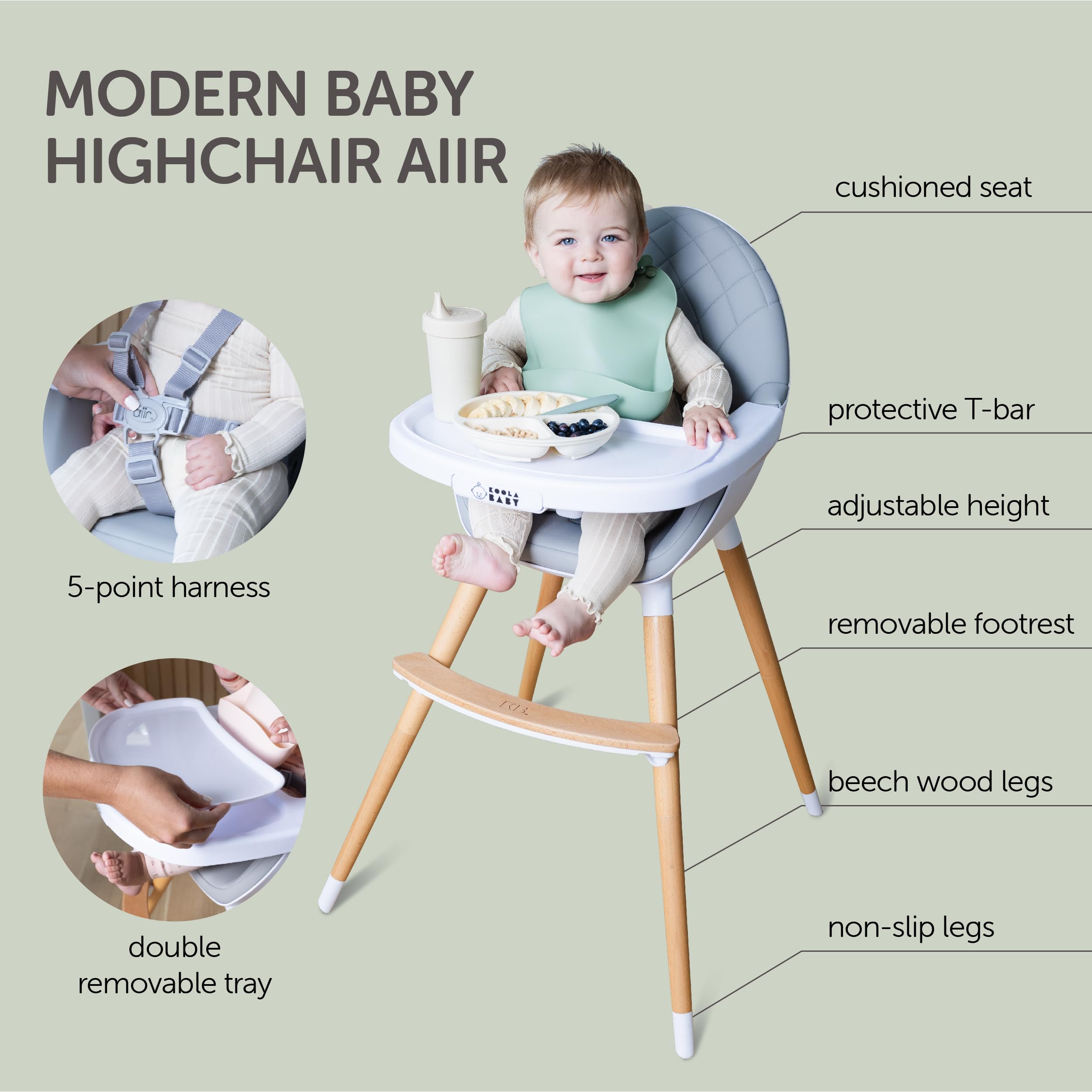 Convertible High Chair for Babies, Toddlers, Kids & Children - Wooden Highchair with Adjustable Height & Dishwasher Safe Tray - Wood Feeding & Dining Chair - Converts to Booster Seat - KoolaBaby