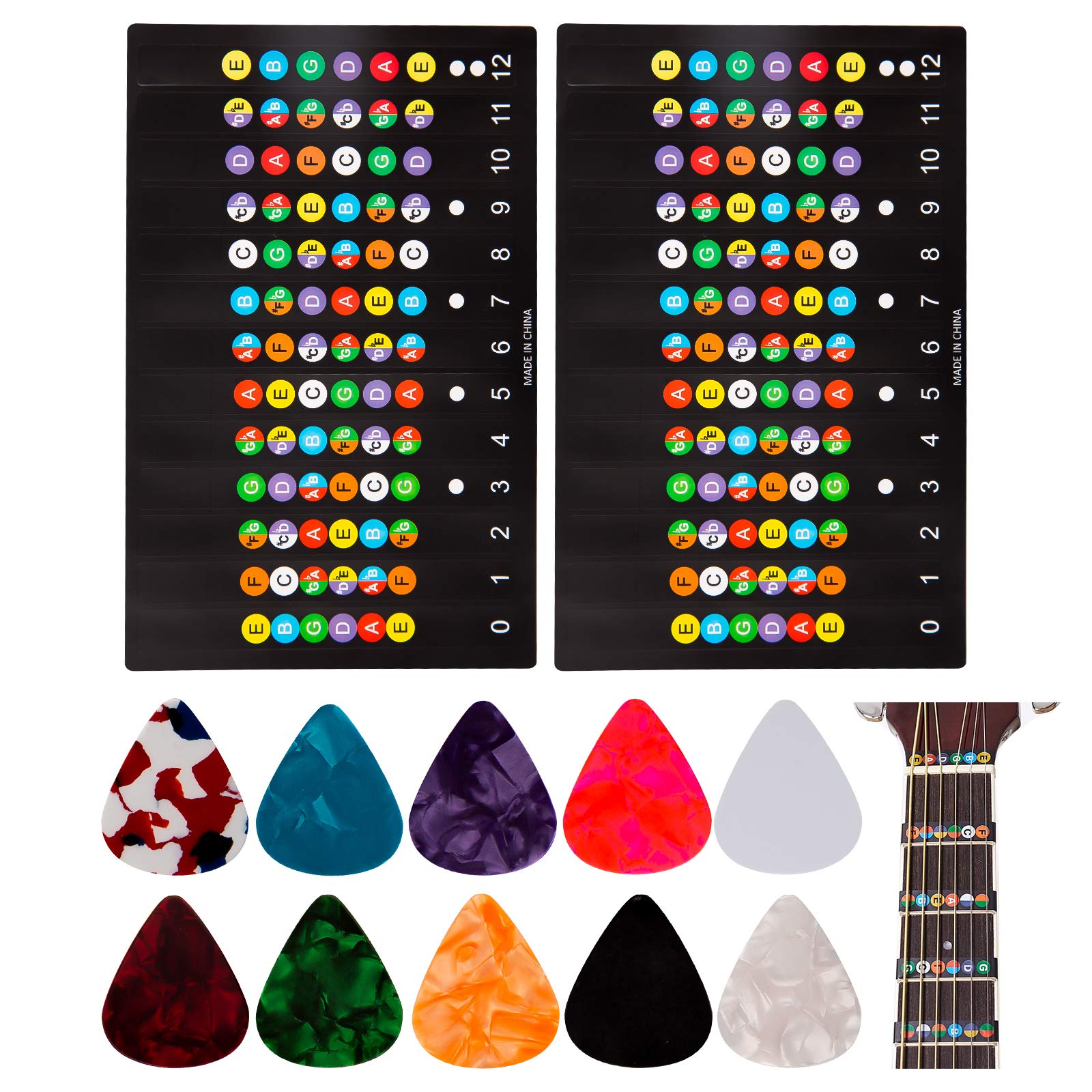 LUTER 2pcs Guitar Fingerboard Stickers and 10pcs Guitar Picks 6 Acoustic Guitar Strings Fingernote Stickers for Beginner
