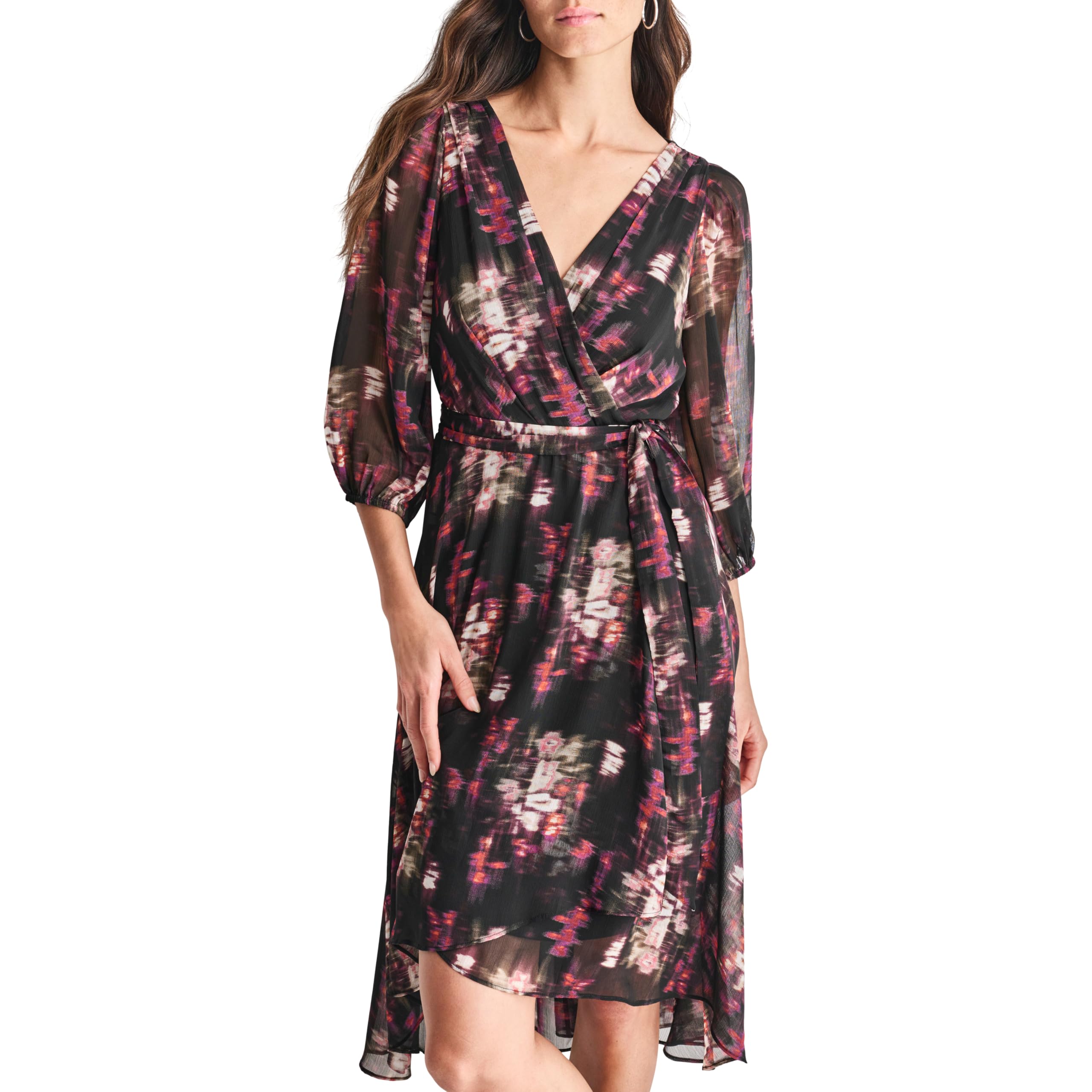 DKNY Women’s Balloon Sleeve Tie Fit & Flare Midi Dress, Raisin Multi