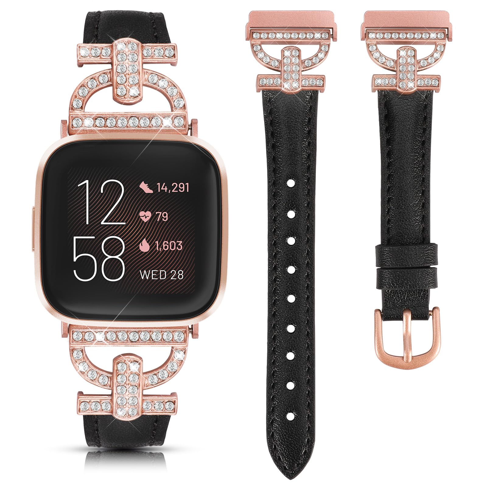 TOYOUTHS Genuine Leather Straps Compatible with Fitbit Versa 2/Versa Lite, Women Slim Dressy Strap D-Shaped Metal Buckle Rhinestones Luxury Bracelet, Black+Pink Gold