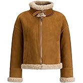 FLAVOR Womens Wool Shearling Bomber Faux Leather Jacket Warm Winter Coat Brown