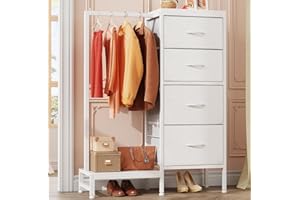 HIGDBFE Dresser with Hanging Rack, 4 Drawers Small Closet for Bedroom, Reversible Fabric Chest of Drawers with Clothes Rack, Tall Storage Tower, Sturdy Frame, White, 44''H