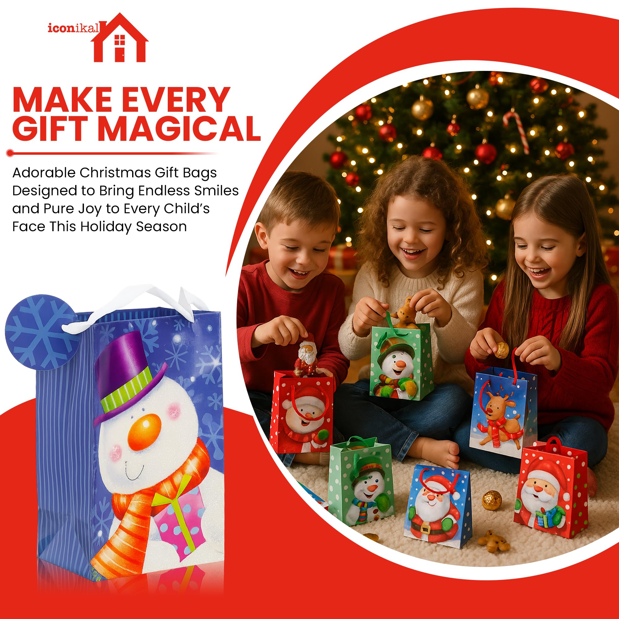 Iconikal 20-Pack Christmas Gift Bags, Small 4x6x2.5-Inch, Snowman Santa Reindeer, Ribbon Handles