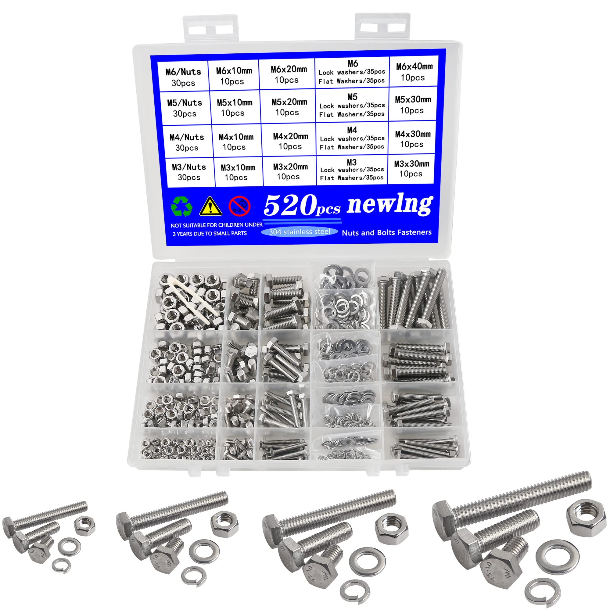 newlng 520pcs Hexagonal Screws M3 M4 M5 M6 Stainless Steel 304 with DIN 933 Bolt Nuts Washers Sealing Ring Washers Hexagonal Machine Screws Set — image 1