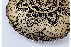 Popular Handicrafts Floor Pillow Cushion Cover - Hippie Mandala Cushion Cover Large with Pom Poms Soft Particles - Pouf Cover Round Bohemian Yoga Decor, 32" Black Gold