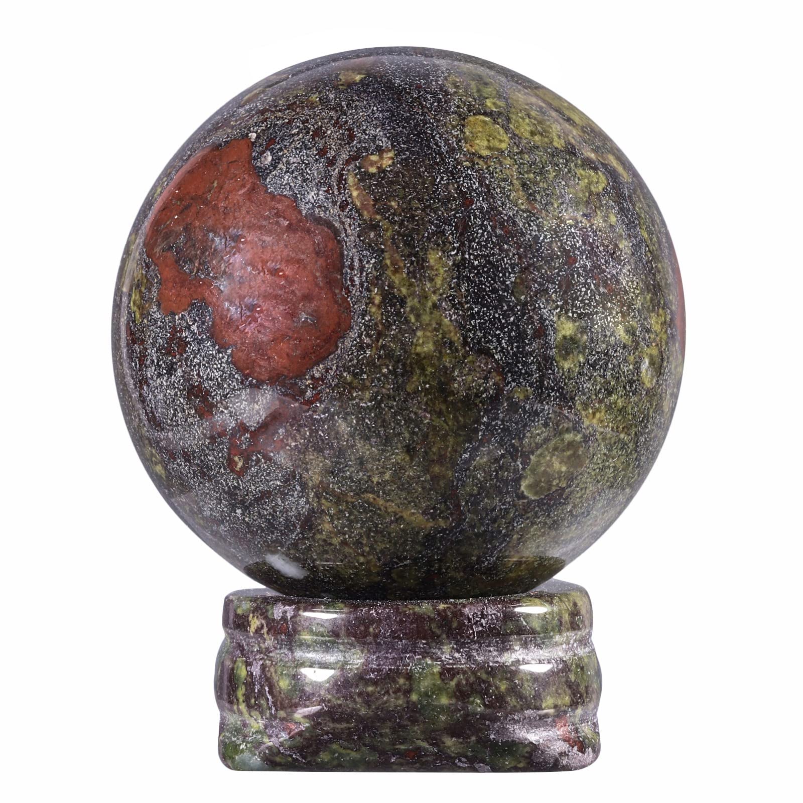 KYEYGWO 4cm Natural Dragon Bloodstone Ball Decor with Gemstone Stand, Polished Round Decorative Stone Sphere Sculpture Fengshui Ornament for Reiki Healing and Meditation