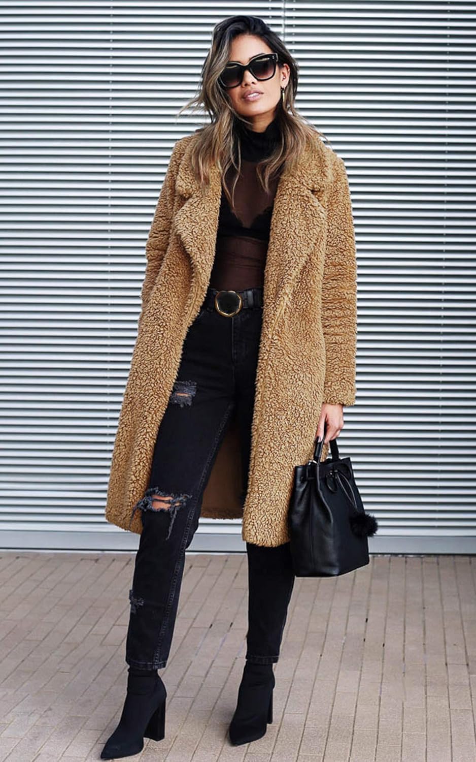 Angashion Women's Fuzzy Fleece Lapel Open Front Long Cardigan Coat Faux Fur Warm Winter Outwear Jackets with Pockets at  Women’s Clothing store