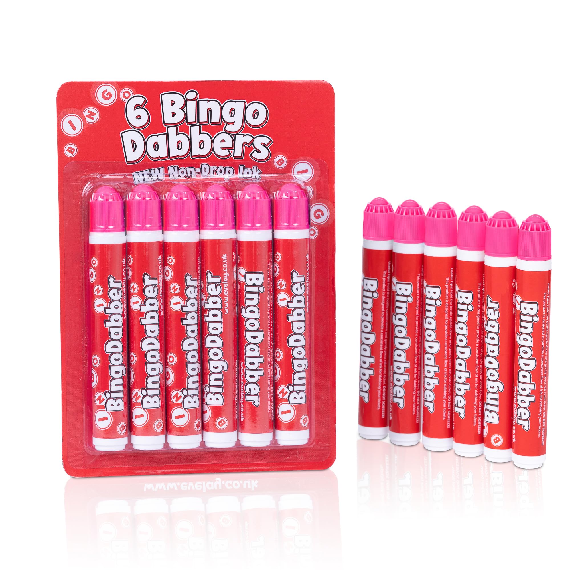 evelay 6 Bingo Dabbers – 20ml Slimline Markers | Assorted or Single Colours | Non-Drip Ink for Smooth Marking | Pink | Long-Lasting Bingo Pens for Home or Club