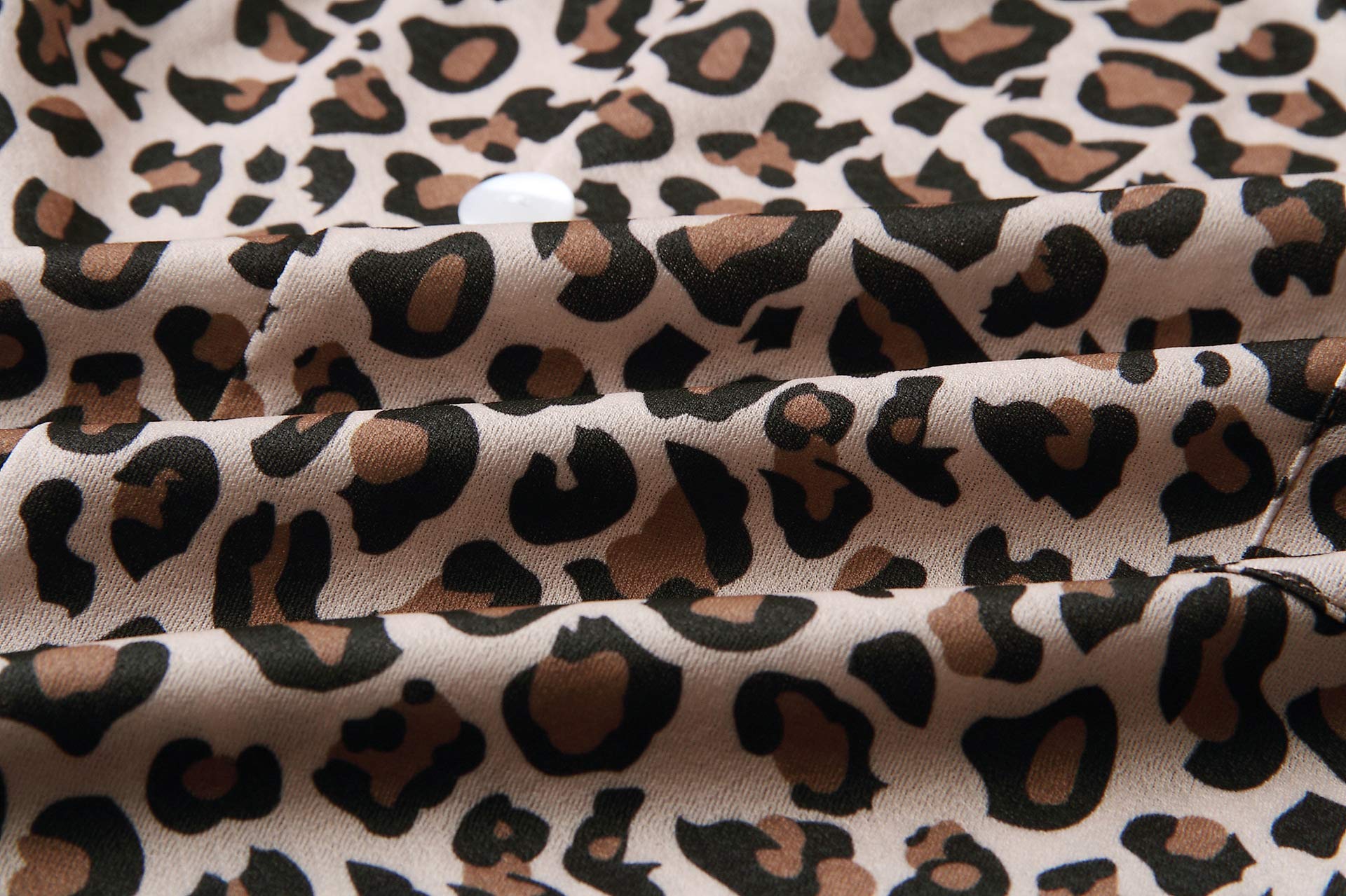 Women\'s V Neck Short Sleeve Leopard Print Beach Button Dress Swing Shift Dress with Pockets L Khaki