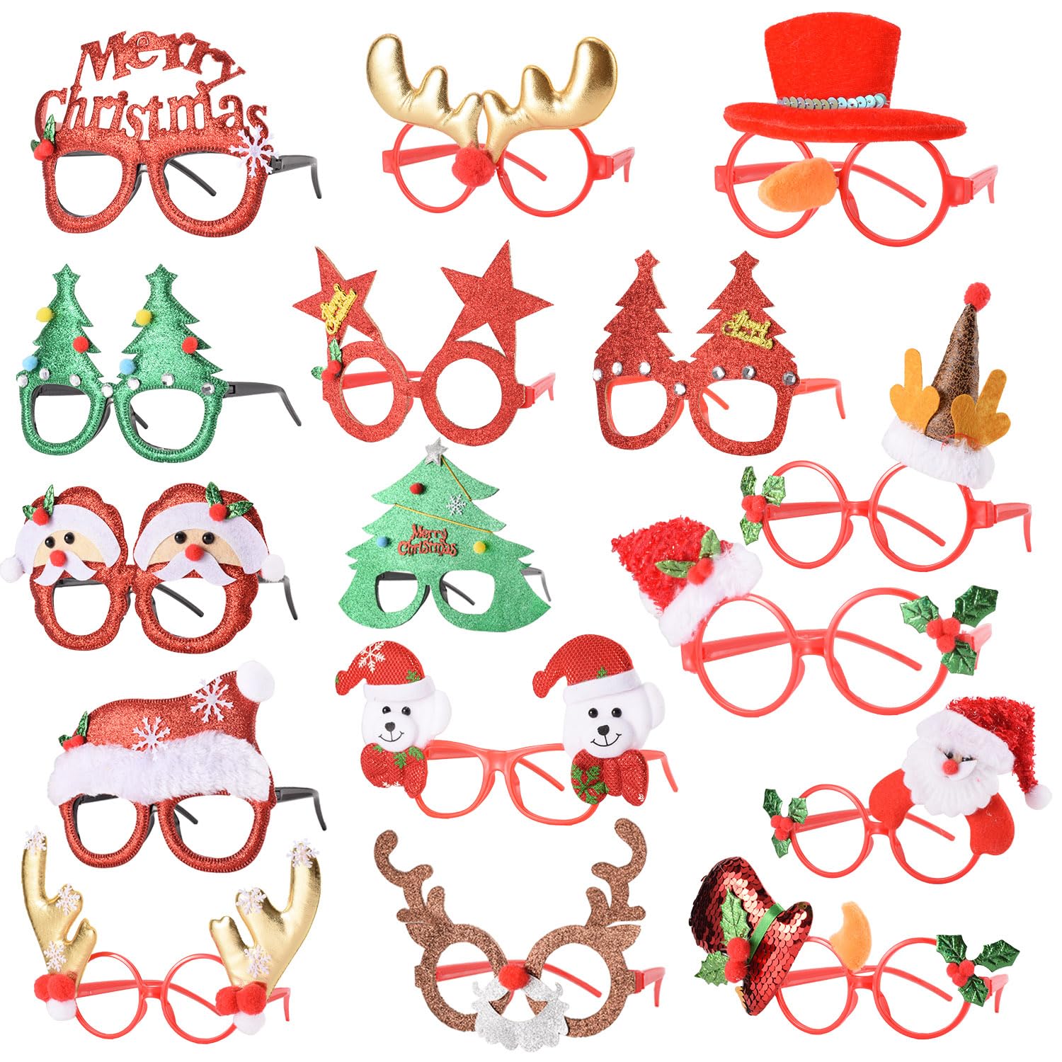 SEVEN STYLE 16 PCS Christmas Holiday Glasses for Kids & Adults,Cute Christmas Glasses Frames,Fun Christmas Party Favors Festive Decorations & Trinkets, Perfect for Goodie Bag Stuffers ，Photos booth