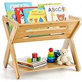 Okllen Kids' Book Caddy with Shelf, Bamboo Bookcase Book Storage Organizer, Book Rack Book Shelf Organizer for Bedroom, Playroom, Nursery, Sturdy, Including Installation Instruction