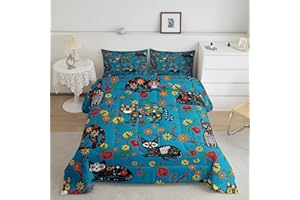 Boho Cat Comforter Set Queen Size,Vintage Paisley Floral Bedding Set,Gothic Skull Pet Animal Quilt Set for Kids Girls Teens W