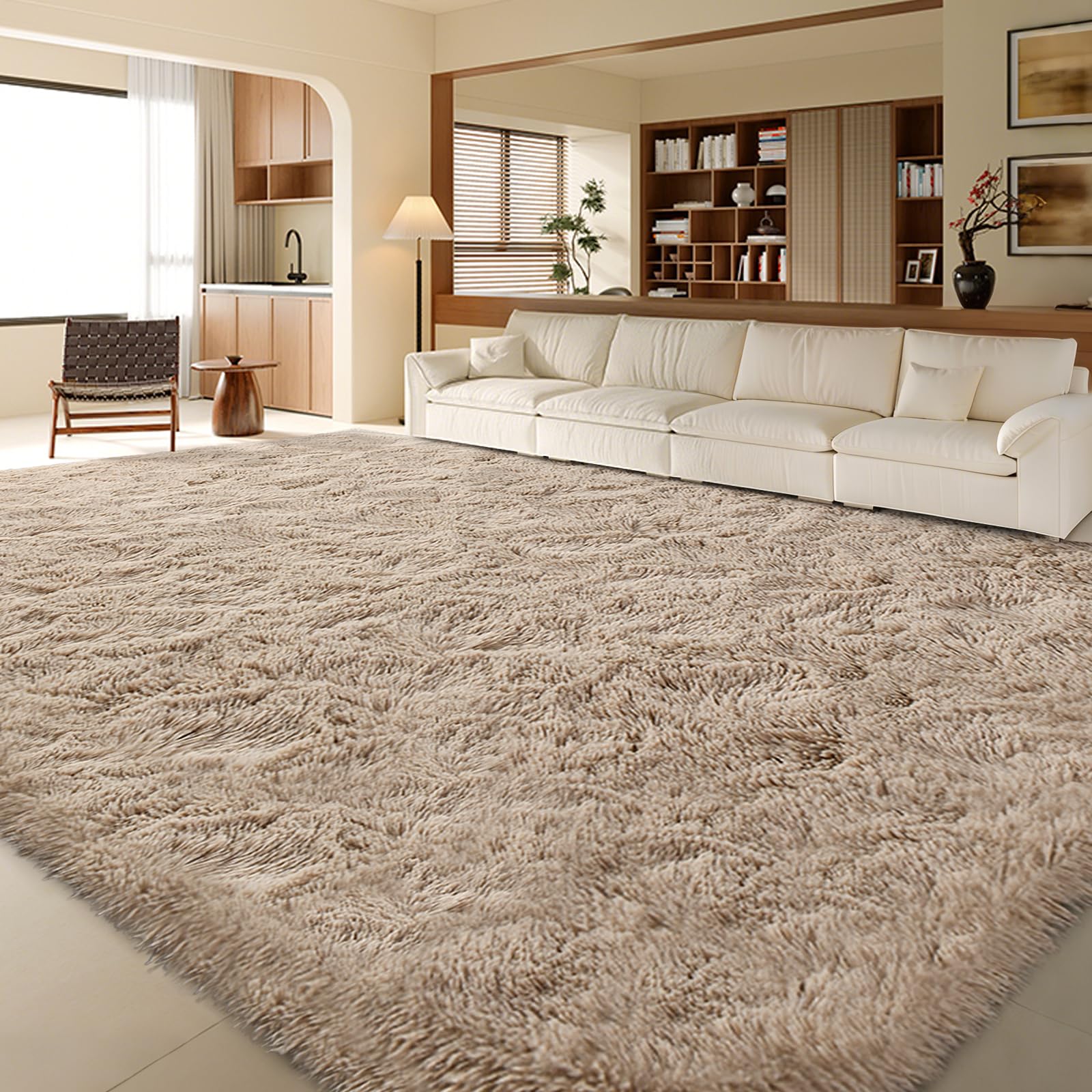 Photo 1 of FinRe?c 9x12 Feet Tan Rugs for Living Room Bedroom, Fluffy Plush Area Rug, Non-Slip High Pile Shaggy Rug for Kids Room Dorm Room Home Decor, Indoor Solid Shag Floor Carpet