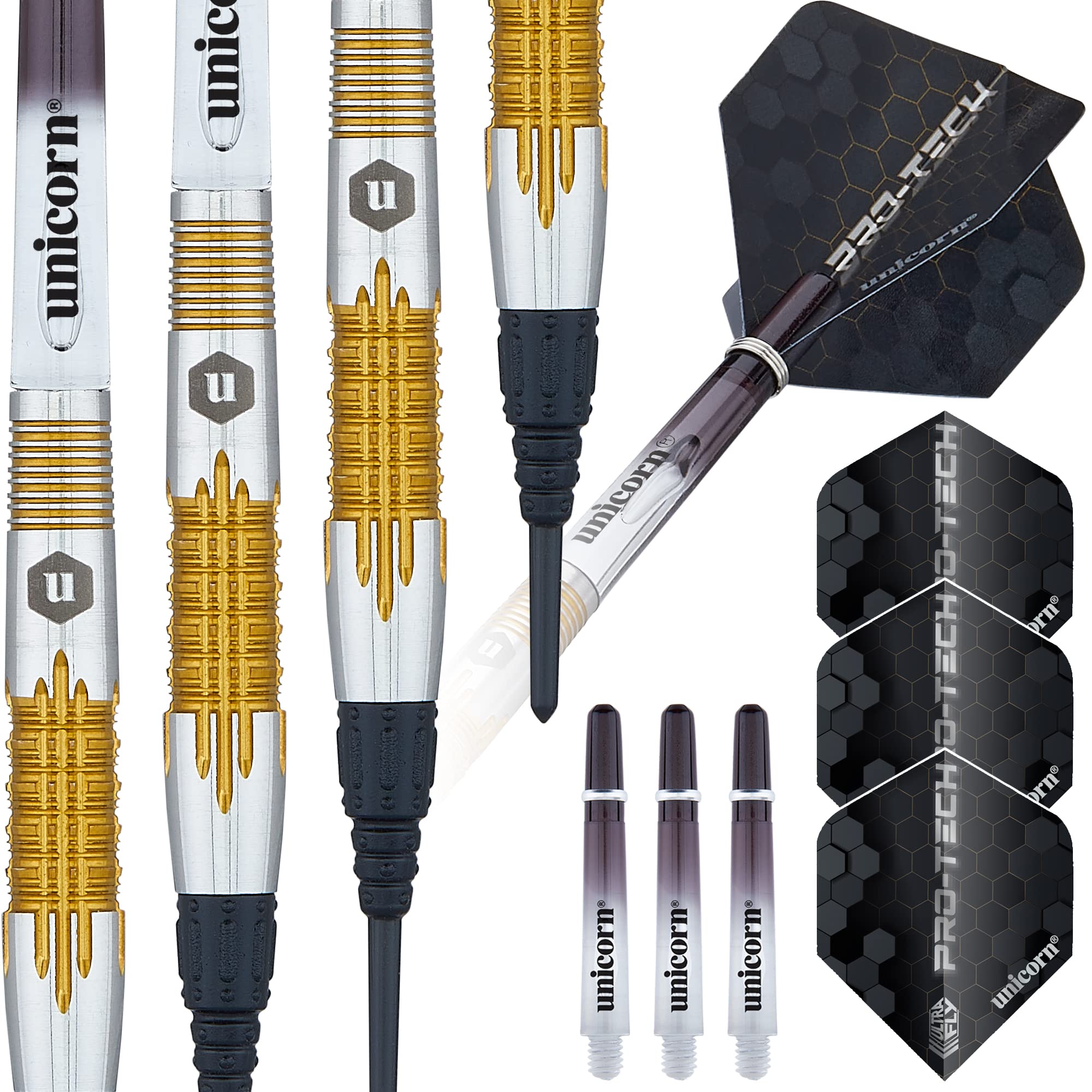 ‎Unicorn Soft Tip Professional Darts Set | Pro-Tech Style 1 | 70% Natural Tungsten Barrels with Golden Accents | Epic Tips | 17 g