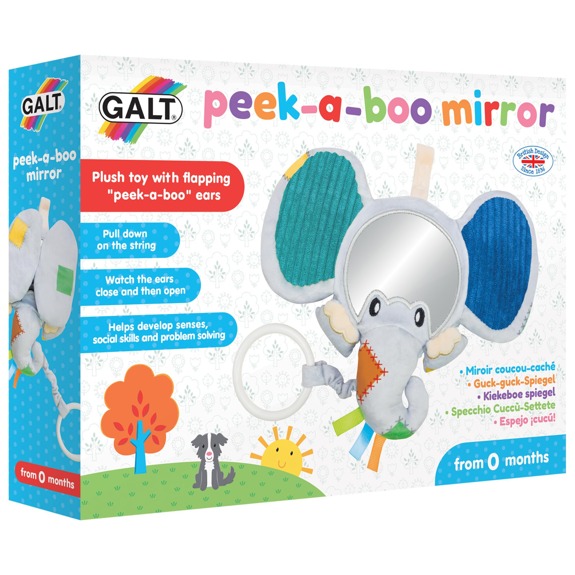 Galt Peekaboo Baby Mirror - Cause & Effect Elephant Sensory Toy for Newborns - Tummy Time Floor Activity - Explore Textures and Motor Skills with Pull Handle & Cute Crackle Ears - For Age 0 Months +