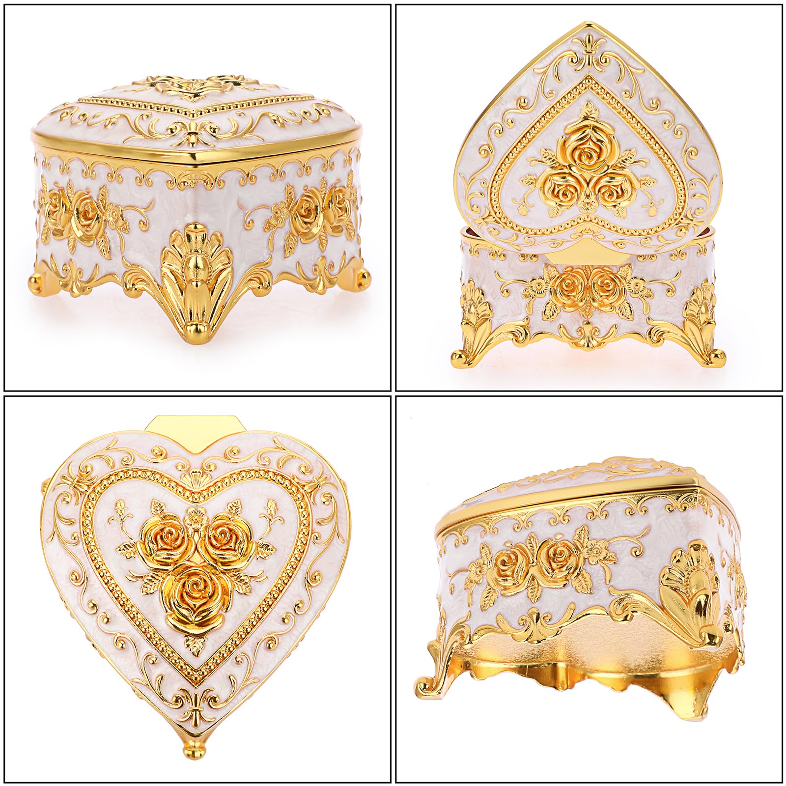 Hipiwe Vintage Metal Jewelry Box - Heart Shape Trinket Organizer Ring Box Case with Rose Pattern Jewelry Storage Box for Ring Earrings Necklace, Gift for Women
