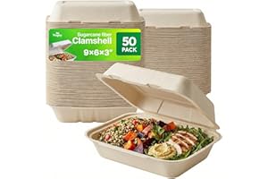 9" x 6" Disposable Clamshell Food Containers – Set of 50 Natural Take Out Containers with Hinged Lids – Biodegradable and Eco