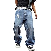 MZNBURAM Men's Y2K Ripped Wide Leg Baggy Jeans - Loose Fit Hip Hop Denim Pants Casual Streetwear Trousers