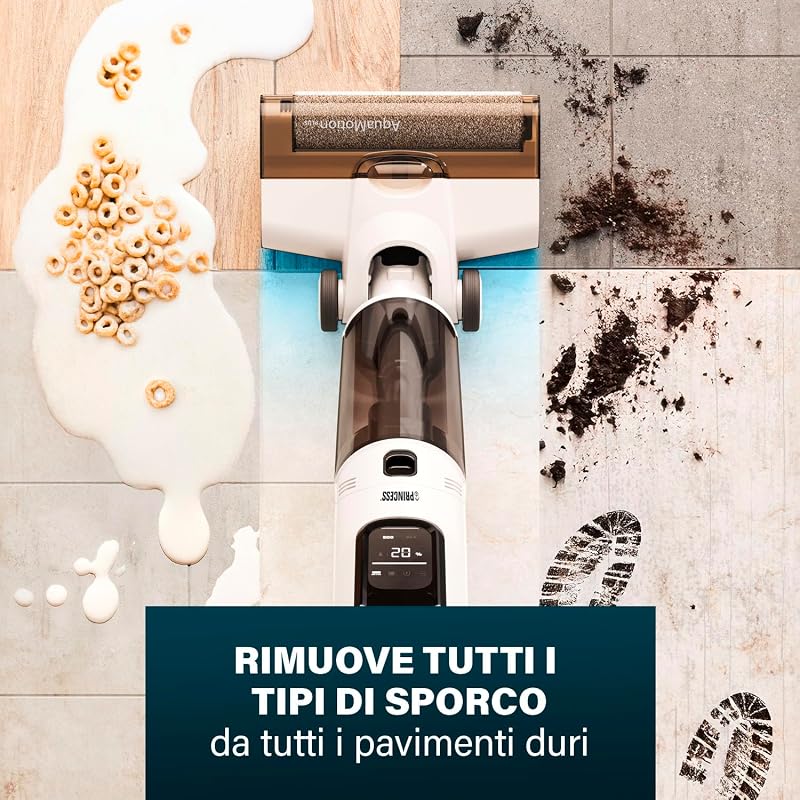 337010 AquaMotion Plus Lavapavimenti, 4 in 1 Aspira, Lava & Asciuga, Senza Fili, 50 Min Autonomia, Filtro HEPA, Autopulizia, 170W, 75dB, Display Intelligente, Base di Ricarica, Leggero