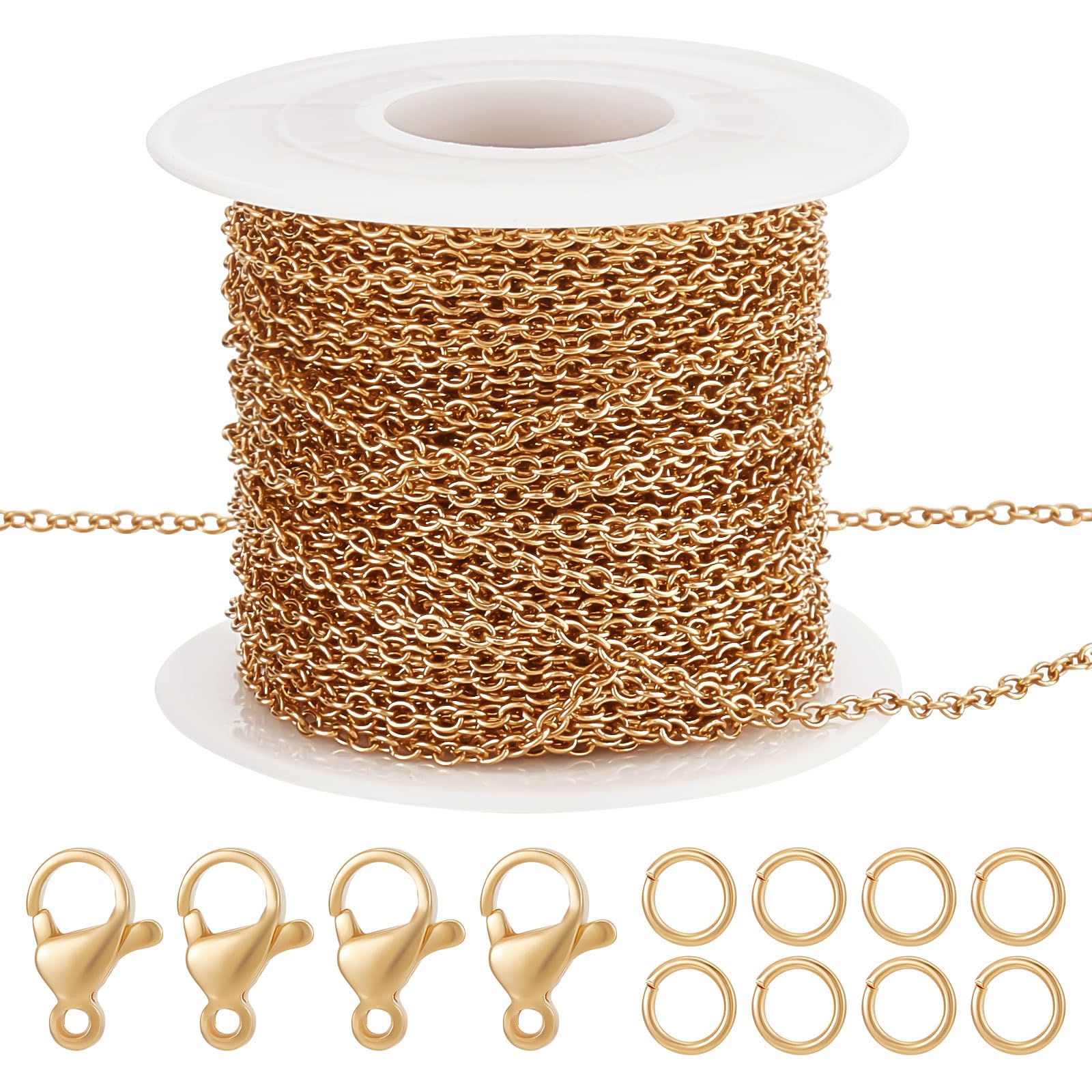 Beebeecraft 65.61 Feet Necklace Cable Chains 18K Gold Plated Cable Link Chains with 20Pcs Lobster Claw Clasps and 50Pcs Open Jump Rings for DIY Crafts Bracelet Jewelry Making