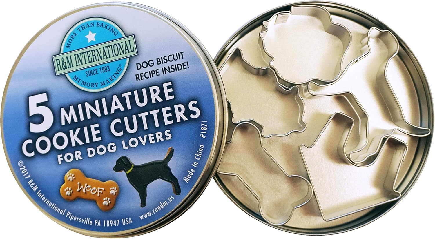 R&M International Mini Dog Cookie Cutters in Storage Tin, Paw, Dog, Fire Hydrant, Bone, House, 5-Piece Set