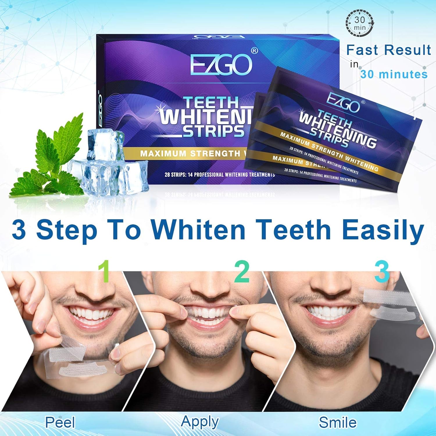 EZGO Teeth Whitening Strips, 28 Non-Sensitive White Strips Teeth Whitening Kit, 14 Sets Fast-Result Teeth Whitener for Tooth Whitening , Helps to Remove Smoking, Coffee, Wine Stains, Gentle and Safe: Health & Personal Care