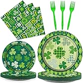 96 Pcs St. Patrick’s Day Tableware Set Lucky Green Shamrock Plates Irish Festival Party Plates St. Patrick’s Day Plates and Napkins Paper Plates Napkins Forks for 24 Guests