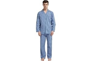 amaxer Mens 100% Cotton Pajamas Set Long Sleeve Pjs Button Fly Pants Soft Elastic Drawstring Waistband Bottoms