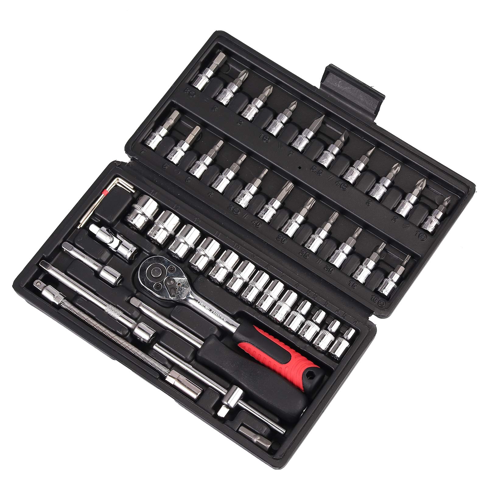 AUTOUTLET 46-Piece 1/4-Inch Drive Chrome Vanadium Steel Socket & Ratchet Wrench Set - Ideal for Motorcycle, Bicycle, Automotive, Throttle Valve, Air Filter Repairs
