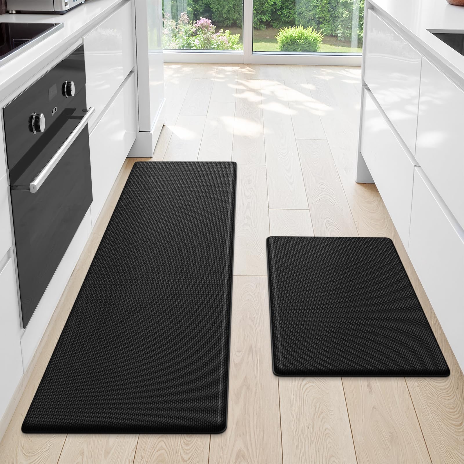 StepLively Kitchen Mat, 2 PCS Kitchen Rugs, Cushioned Kitchen Mats for Floor, Anti Fatigue Kitchen Rug Set, Non-Skid Standing Mat for Kitchen, Office, Sink, 17.3"ร30"+17.3"ร47", Black Image StepLively Kitchen Mat, 2 PCS Kitchen Rugs, Cushioned Kitchen Mats for Floor, Anti Fatigue Kitchen Rug Set, Non-Skid Standing Mat for Kitchen, Office, Sink, 17.3"ร30"+17.3"ร47", Black Image