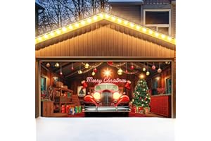 YUSPENYE Christmas Garage Door Cover Decoration, 7x16 ft Holiday Garage Door Banner, Indoor and Outdoor Santa Winter Snowman Banner Garage Door Decorations