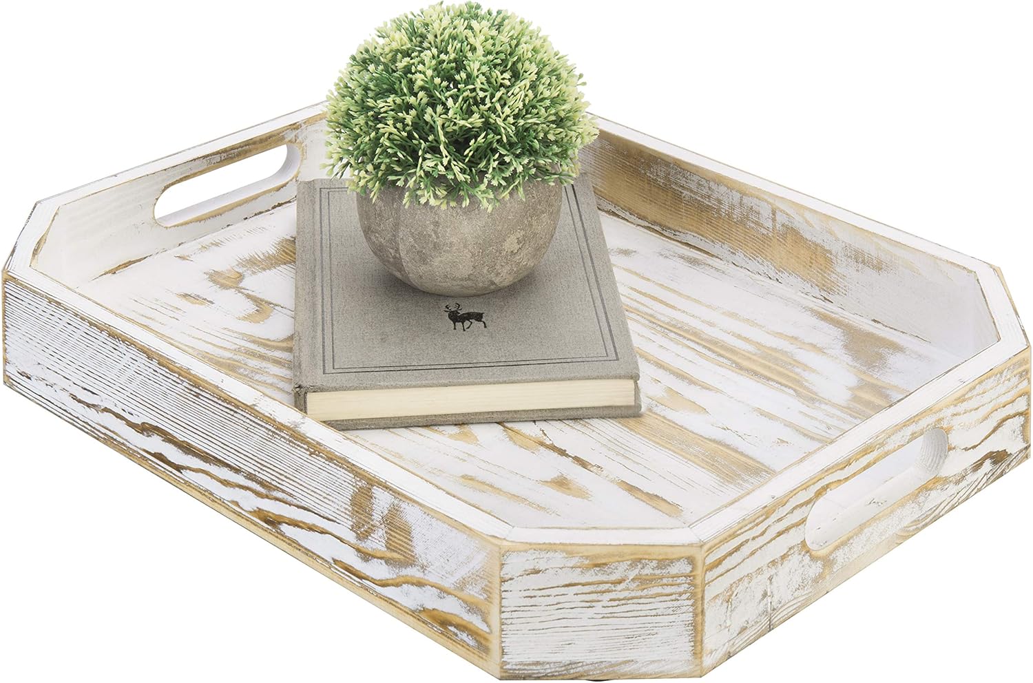 MyGift Shabby Whitewashed Wood Serving Breakfast Tray, Coffee Server with Cut-out Handles and Angled Edges