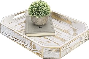 MyGift Shabby Whitewashed Wood Serving Breakfast Tray, Coffee Server with Cut-out Handles and Angled Edges