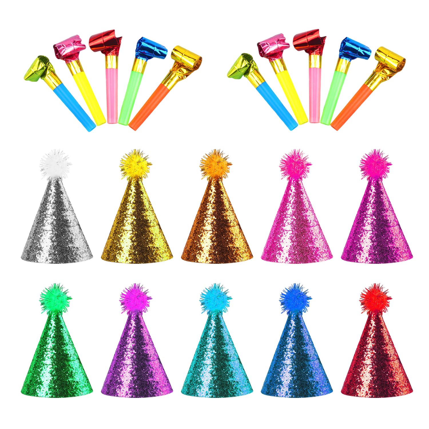 UBSIUH 10 Glitter Birthday Hats And 10 Pieces Of Blowing Dragons, Birthday Dress-Up Props, Pet Birthday Hats, Suitable For Holiday Celebration Dress-Up.
