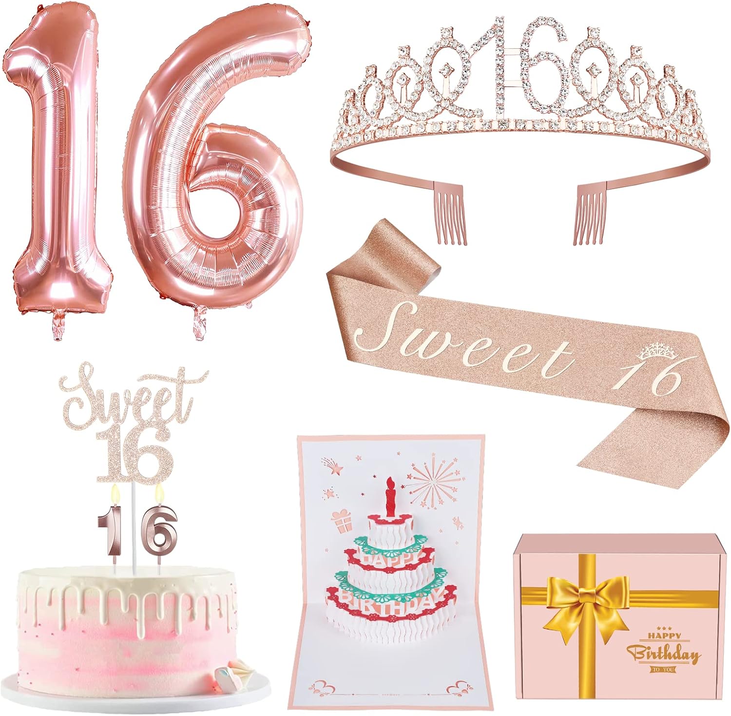 Candles & Holders - Sweet 16 Birthday Decorations for Girls, Sweet 16 Sash and Tiara, Sweet 16 Cake Topper and Number 16 Candles, Big 16 Balloons and 3D Birthday Card, 16 Birthday Gifts for Happy 16th Birthday