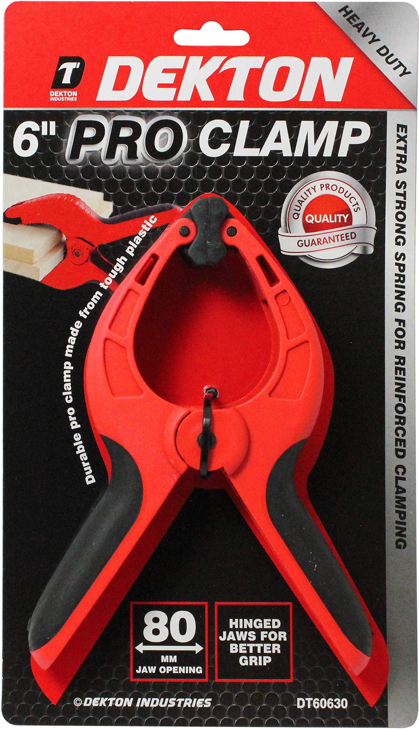 Dekton 6" Pro Clamp with 80mm Jaw Opening, Heavy Duty Rubber Non-Slip Grip, Durable Tough Plastic Construction, Hinged Jaws for Improved Grip on Uneven Surfaces, Ideal for Woodworking & DIY Projects