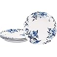 Bico Watercolor Blue Flower Scalloped Dinner Plates, Ceramic, 11 inch, Set of 4, for Pasta, Salad, Maincourse, Microwave & Dishwasher Safe