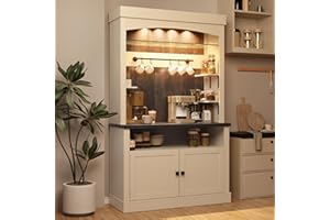 GarveeHome Coffee Bar Cabinet with LED Lights 72 in Tall Buffet Cabinet with Storage Farmhouse Kitchen Sideboard Tall Coffee Hutch with Microwave Stand/Wine Rack/Glass Shelf Dining Room (White)