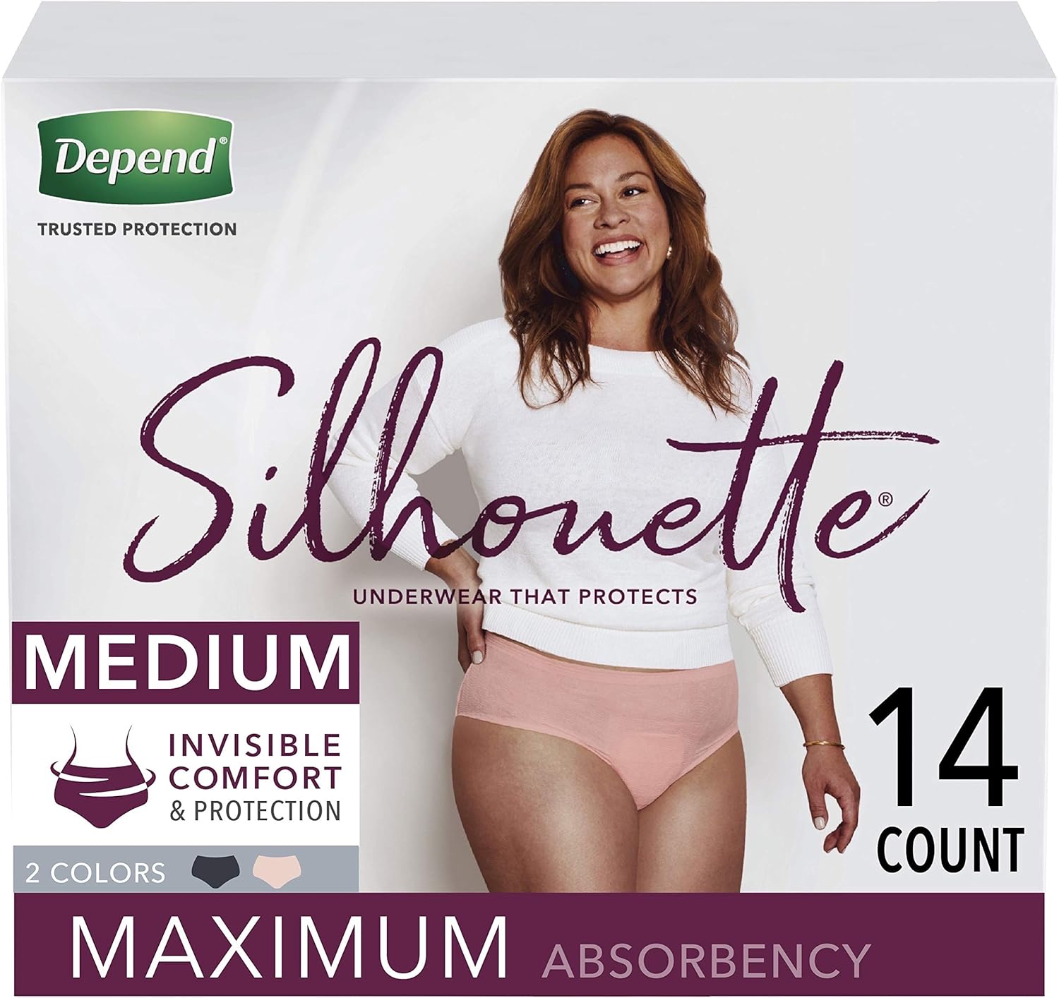Depend Silhouette Incontinence Underwear for Women, Maximum Absorbency, Disposable, Medium, Pink & Black, 14 Count