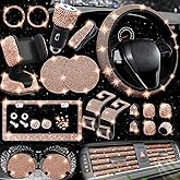 NBTEPEM 27 PCs Gold Champagne Bling Car Accessories Set for Women, Steering Wheel Covers Universal Fit 15 Inch, Bling License Plate Frame, Bling Phone Holder, Bling Car Coasters