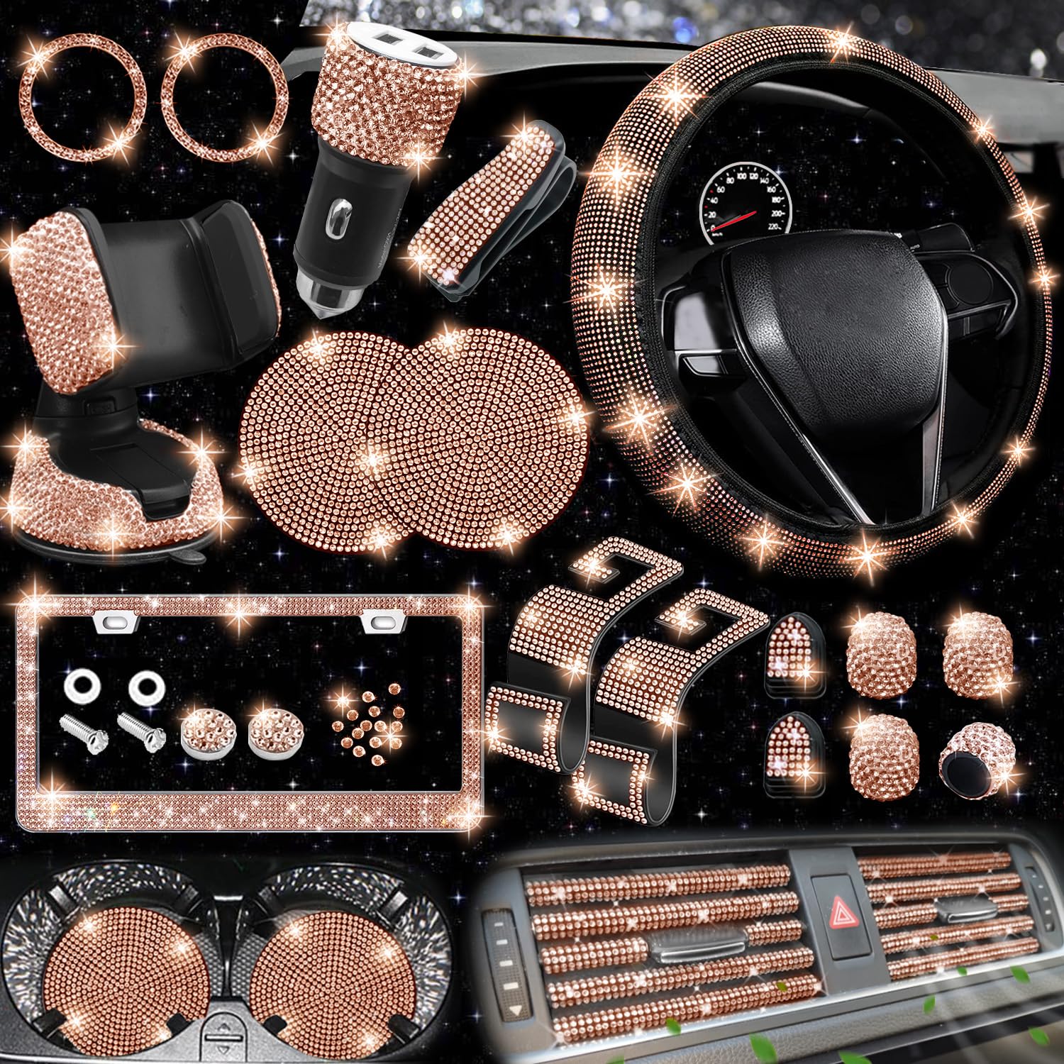 Photo 1 of NBTEPEM 27 PCs Gold Champagne Bling Car Accessories Set for Women, Steering Wheel Covers Universal Fit 15 Inch, Bling License Plate Frame, Bling Phone Holder, Bling Car Coasters