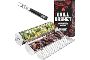 Rolling Grill Basket, New Opening Design, Extra Sturdy Cylinder Grilling Basket, Food Grade Stainless Steel, Large Portable O