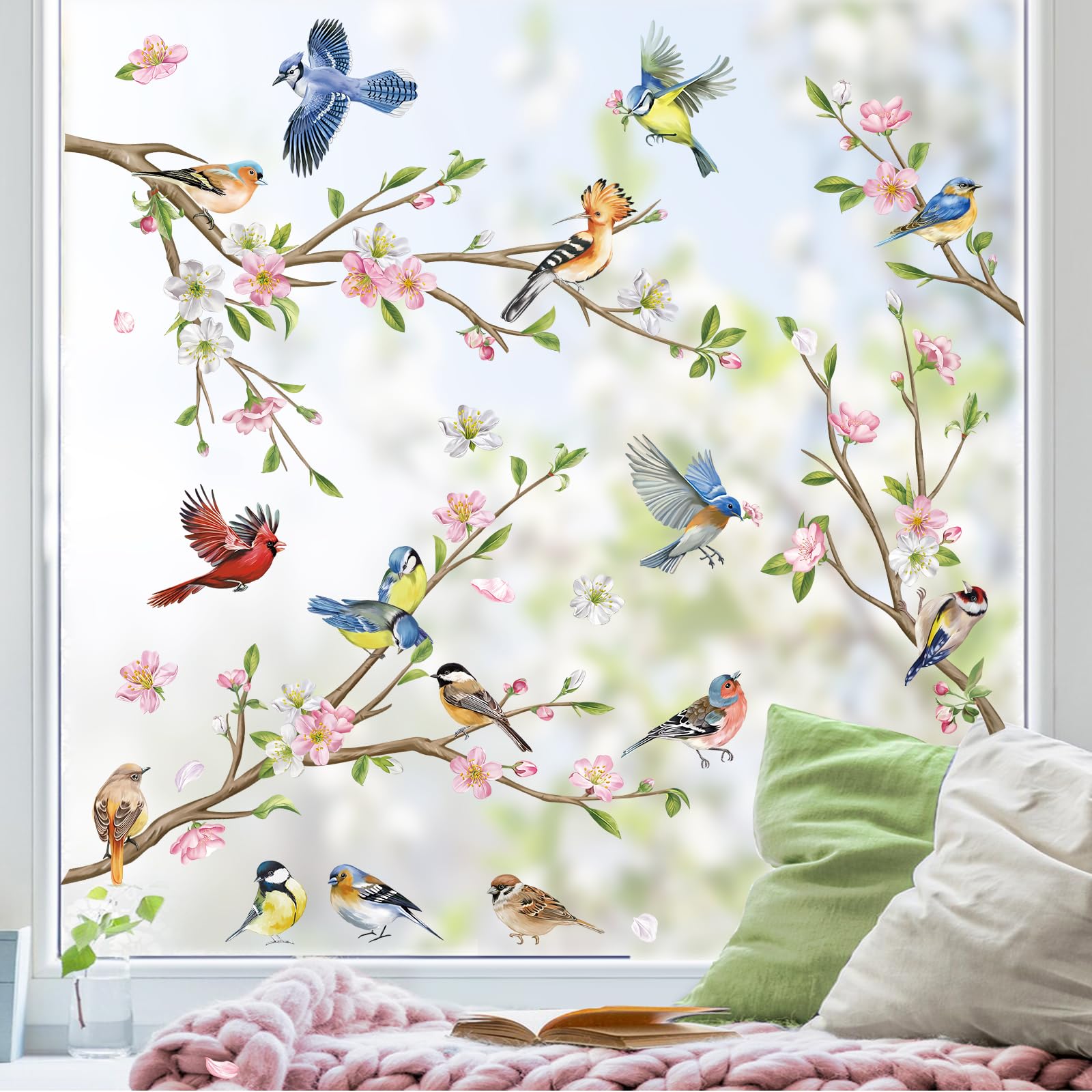 wondever Birds Tree Branch Window Stickers Hummingbirds Flower Glass Clings Decal Anti Collision Double-Side Static Window Decals for Home Glass Window