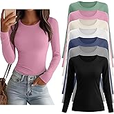 Sweetyweee 7 Pcs Women's Long Sleeve Tops Crew Neck Slim Fit Shirts Basic Going Out Tight Tees