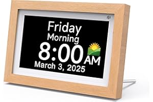 Linlinwill 7" Digital Clock Large Display, Dementia Clock for Seniors, Alarm Clock with Wooden Frame for Home Decor, Electron