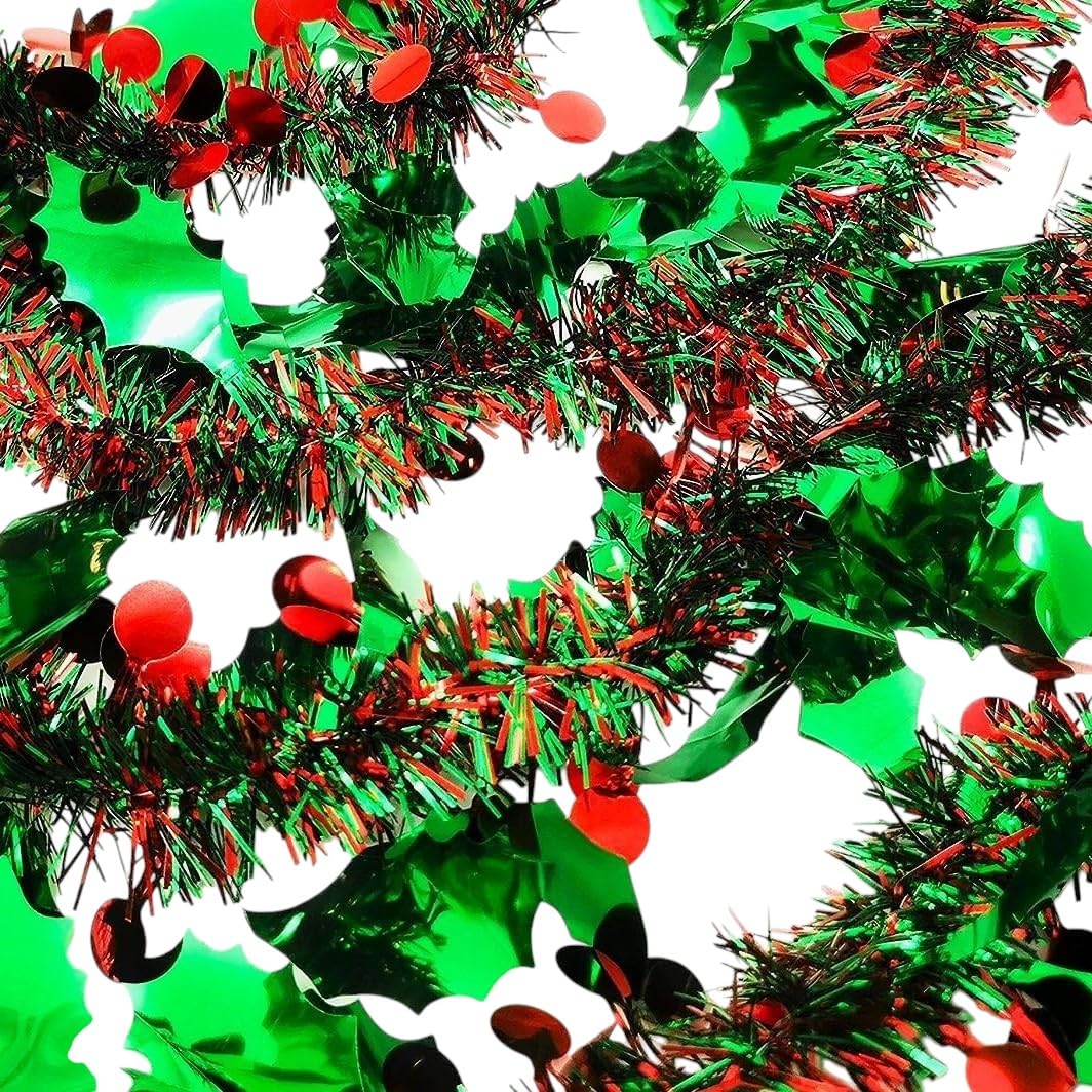 YLAB - 3-Pack Holly Berry Christmas Tinsel – 2m Strands, 13cm Thick Festive Green & Red Decoration