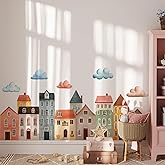 Colorful Town Wall Decal,Cute Watercolor House Art Decor,Peel and Stick Town White Cloud Wall Sticker for Kids Boys Nursery Bedroom Playroom Daycare Classroom Baby Room Decor Gifts.